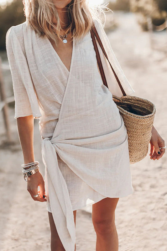 Daisy - Knotted Mini Dress in Cotton and Linen Blend