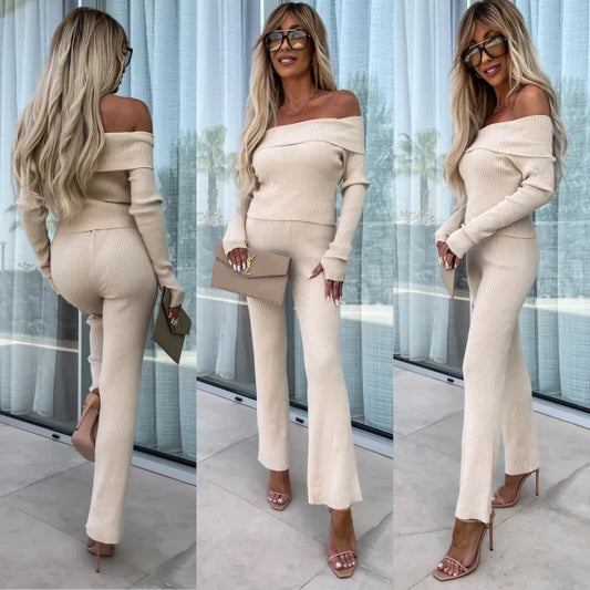Emily - Uncovered Shoulders Sweater and Ribbed Pant Set