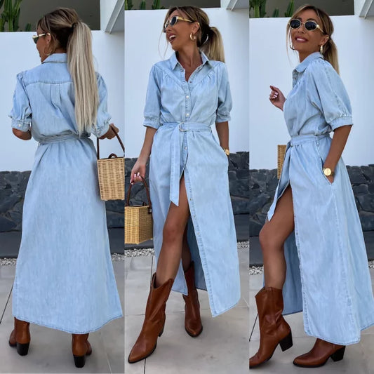 Florencia - Blue Jeans Midi Dress with Waist Adjustment