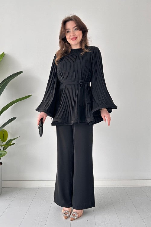 Milagros - Pleated Flared Blouse and Pant Set